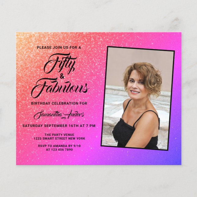 Budget 50 and Fabulous Pink Glitter Invitation (Front)
