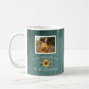 Budget 50 and Fabulous   Sunflower Teal Birthday  Coffee Mug