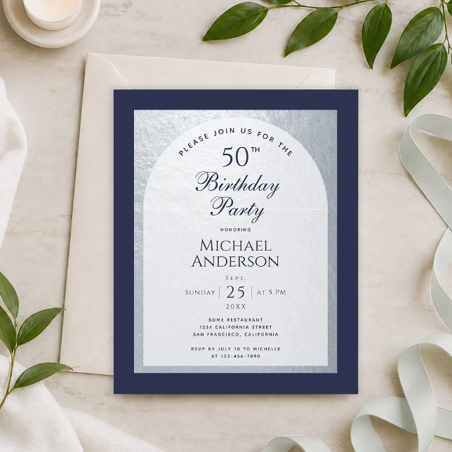 Budget 50 Birthday Man Silver Navy Blue Invitation (Creator Uploaded)