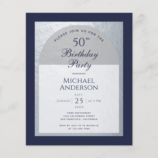 Budget 50 Birthday Man Silver Navy Blue Invitation (Front)