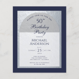 Budget 50 Birthday Man Silver Navy Blue Invitation