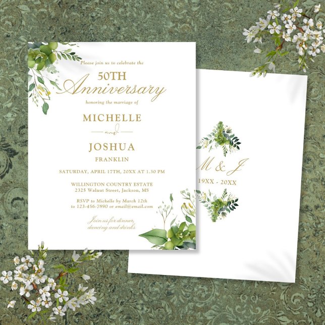 Budget 50th Anniversary Greenery Monogram Invite (Creator Uploaded)