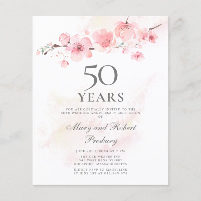 Budget 50th Anniversary Invitation Cherry Blossom (Front)