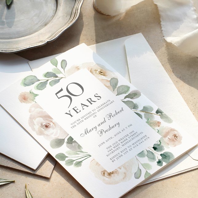Budget 50th Anniversary Invitation White Floral (Creator Uploaded)
