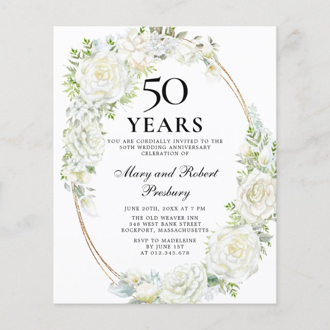 Budget 50th Anniversary Party White Floral Invite (Front)