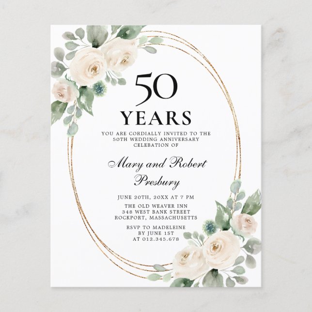Budget 50th Anniversary Party White Floral Invite (Front)