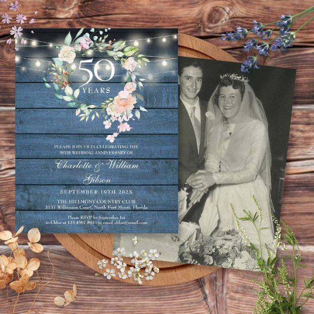 Budget 50th Anniversary Photo Rustic Floral Invite (Creator Uploaded)