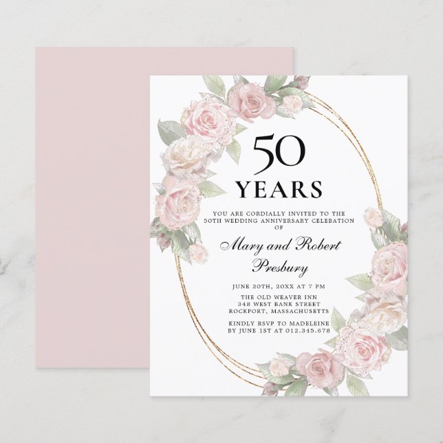 Budget 50th Anniversary Pink Floral Invitation (Front/Back)