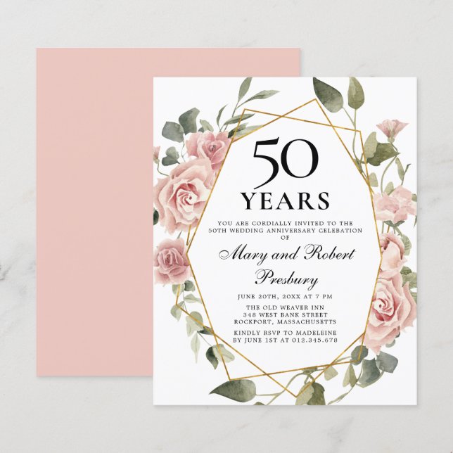 Budget 50th Anniversary Pink Floral Invitation (Front/Back)