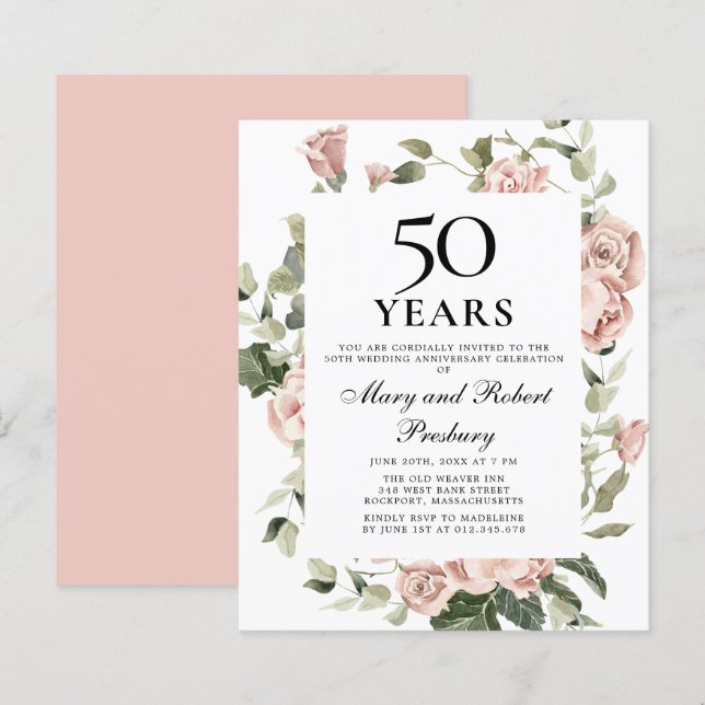 Budget 50th Anniversary Pink Floral Invitation (Front/Back)