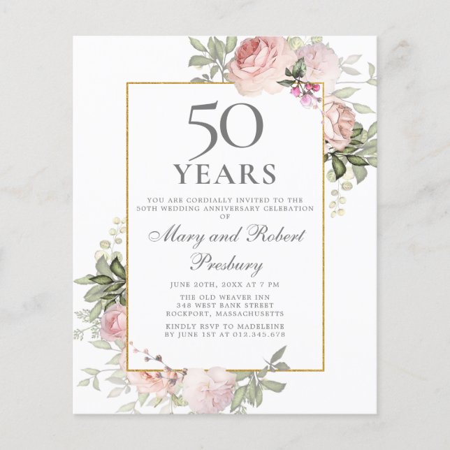 Budget 50th Anniversary Pink Floral Invitation (Front)