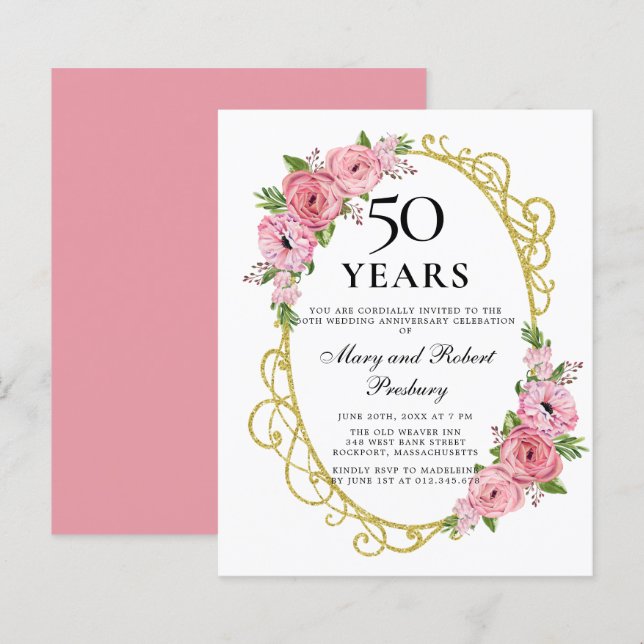 Budget 50th Anniversary Pink Floral Invitation (Front/Back)