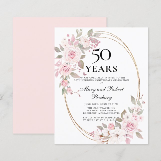 Budget 50th Anniversary Pink Floral Invitation (Front/Back)