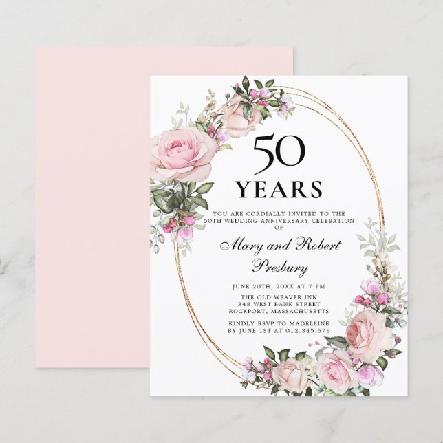 Budget 50th Anniversary Pink Floral Invitation (Front/Back)