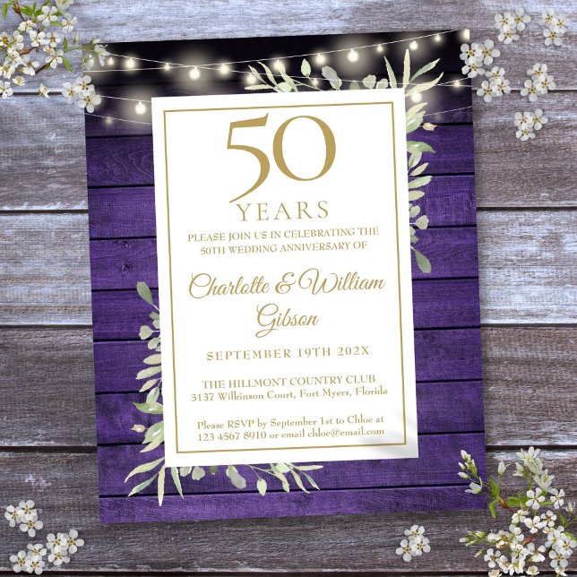 Budget 50th Anniversary Purple Rustic Invitation (Budget 50th Anniversary Purple Rustic Invitation)