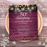 Budget 50th Anniversary Rustic Gold Hearts Invite<br><div class="desc">Featuring string lights and delicate golden love hearts confetti on a rustic burgundy red wood background. Personalise with your special fifty years golden anniversary information in chic lettering. Designed by Thisisnotme©</div>