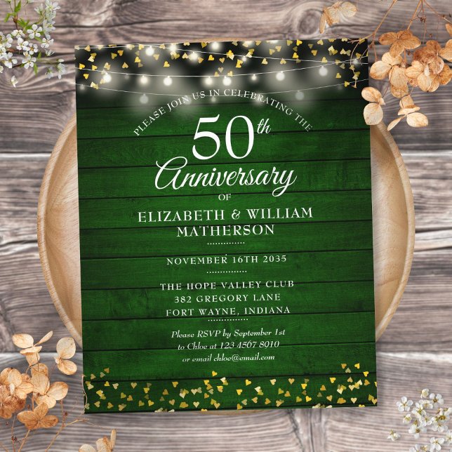 Budget 50th Anniversary Wood Gold Hearts Invite (Budget 50th Anniversary Wood Gold Hearts Invite)