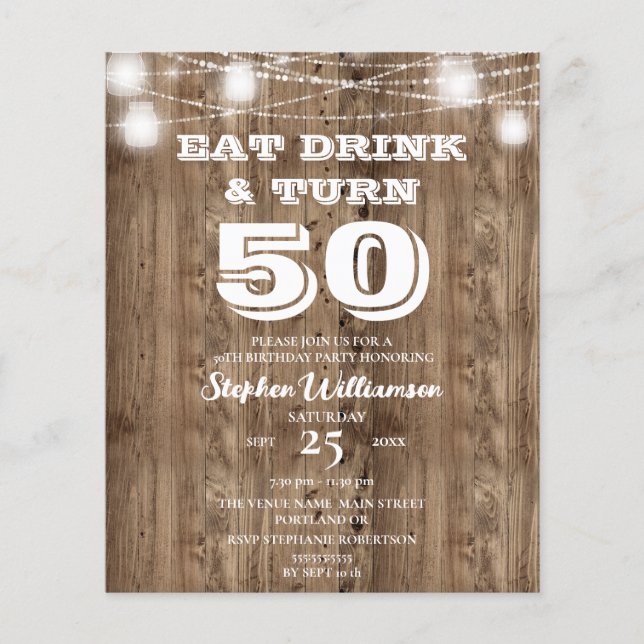 Budget 50th Birthday Barn Wood Eat Drink & Turn 50 (Front)