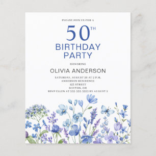 Budget 50th Birthday Blue Floral Invitation