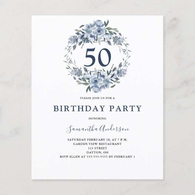 Budget 50th Birthday Blue Floral Invitation  Flyer (Front)