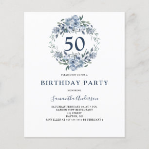 Budget 50th Birthday Blue Floral Invitation Flyer