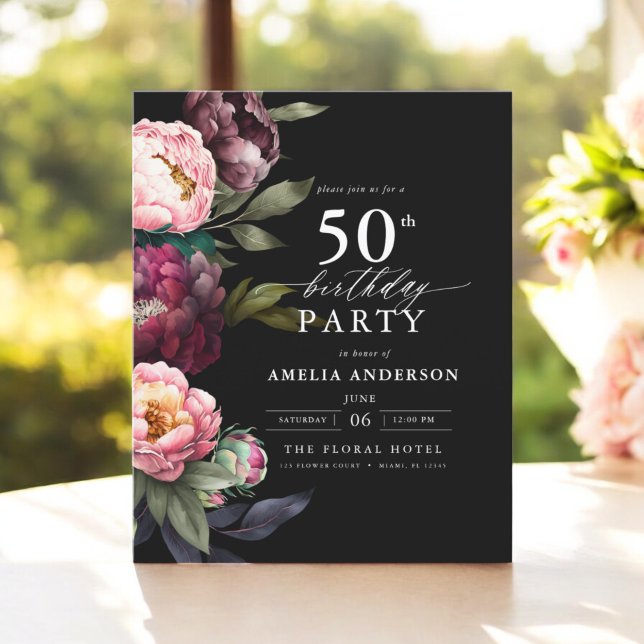 Budget 50th Birthday Burgundy Floral Invitation Flyer (Creator Uploaded)