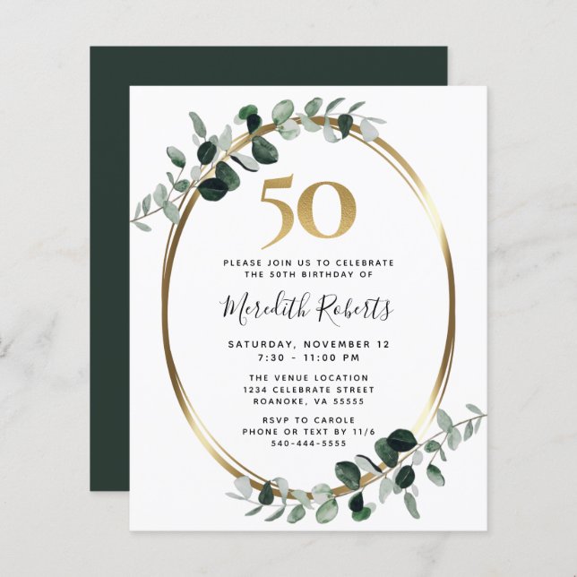 Budget 50th Birthday Eucalyptus Gold Party Invite (Front/Back)