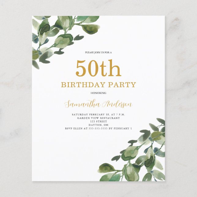 Budget 50th Birthday Eucalyptus Invitation Flyer (Front)