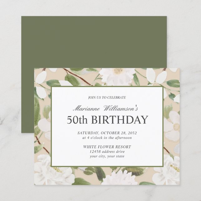 Budget 50th Birthday Feminine White Flowers Ivory (Front/Back)