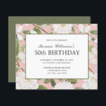 Budget 50th Birthday Feminine White Flowers Pink<br><div class="desc">LOW COST WEDDING INVITATION *** PRINTED ON AFFORDABLE, LIGHTER-WEIGHT PAPER *** A beautifully feminine party invitation to celebrate a 50 th birthday in elegant botanical style, This design features an elegant botanical pattern of white flowers and leaves in watercolor palette of ivory, cream sage and moss green on a chic...</div>