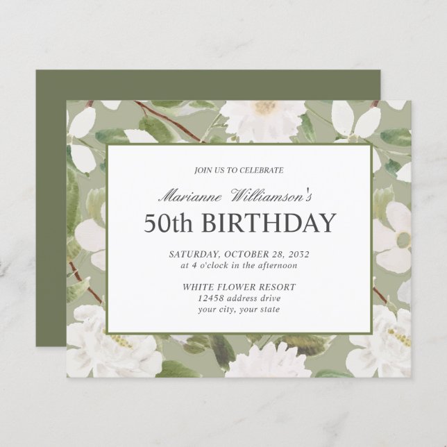 Budget 50th Birthday Feminine White Flowers sage  (Front/Back)
