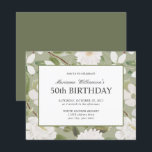 Budget 50th Birthday Feminine White Flowers sage<br><div class="desc">LOW COST WEDDING INVITATION *** PRINTED ON AFFORDABLE, LIGHTER-WEIGHT PAPER *** A beautifully feminine party invitation to celebrate a 50 th birthday in elegant botanical style, This design features an elegant botanical pattern of white flowers and leaves in watercolor palette of ivory, cream sage and moss green on a light...</div>