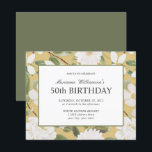 Budget 50th Birthday Feminine White Flowers yellow<br><div class="desc">LOW COST WEDDING INVITATION *** PRINTED ON AFFORDABLE, LIGHTER-WEIGHT PAPER *** A beautifully feminine party invitation to celebrate a 50 th birthday in elegant botanical style, This design features an elegant botanical pattern of white flowers and leaves in watercolor palette of ivory, cream sage and moss green on a mustard...</div>