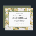 Budget 50th Birthday Feminine White Flowers yellow<br><div class="desc">LOW COST WEDDING INVITATION *** PRINTED ON AFFORDABLE, LIGHTER-WEIGHT PAPER *** A beautifully feminine party invitation to celebrate a 50 th birthday in elegant botanical style, This design features an elegant botanical pattern of white flowers and leaves in watercolor palette of ivory, cream sage and moss green on a mustard...</div>