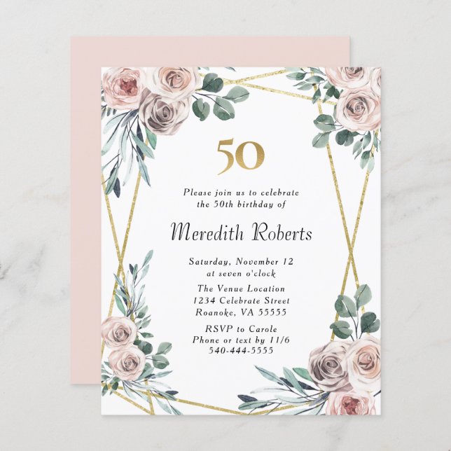Budget 50th Birthday Floral Gold Party Invite (Front/Back)