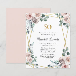 Budget 50th Birthday Floral Gold Party Invite