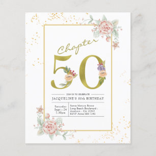 Budget 50th Birthday Floral Gold Script Invitation Flyer