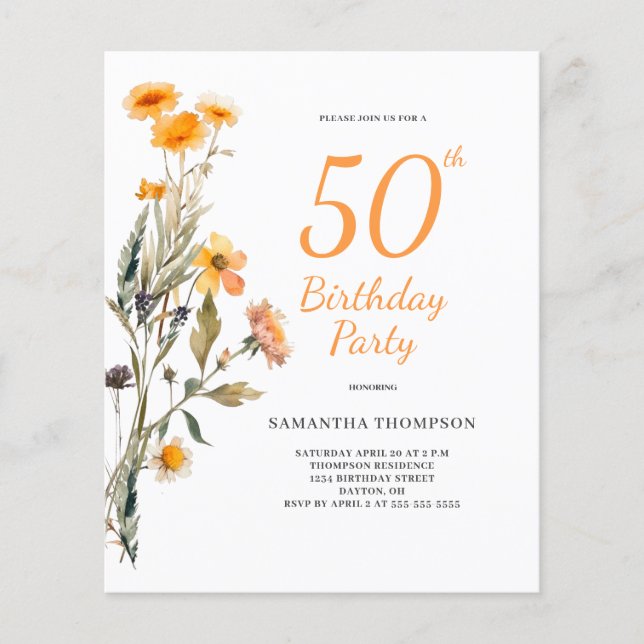Budget 50th Birthday Floral Wildflower Invitation (Front)