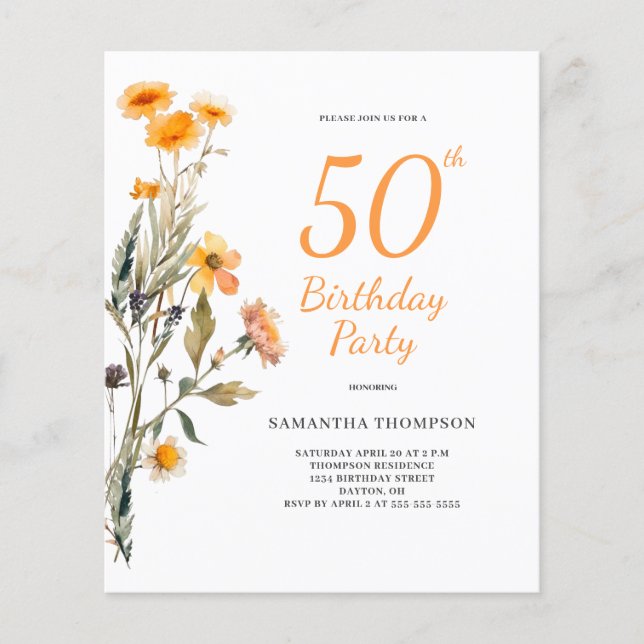 Budget 50th Birthday Floral Wildflower Invitation Flyer (Front)