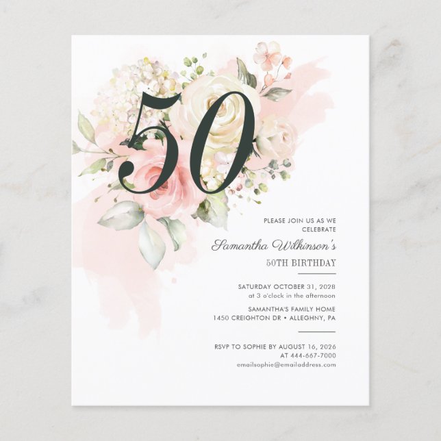 Budget 50th Birthday Party Pink Floral Invitation (Front)