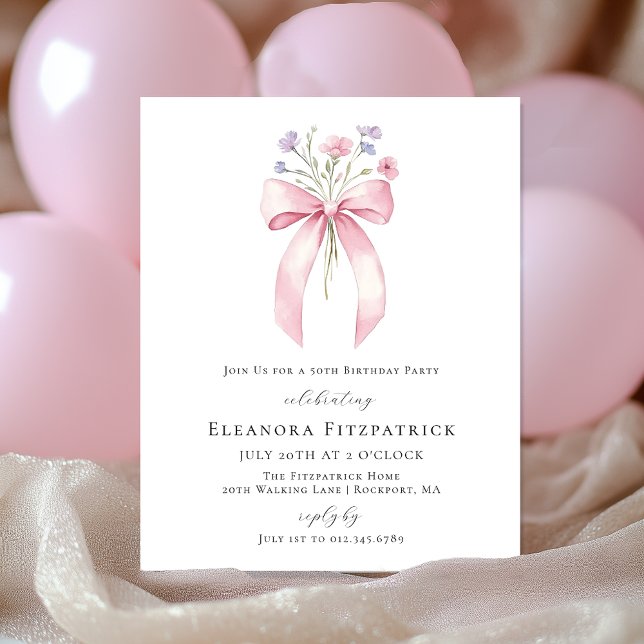 BUDGET 50th Birthday Pink Bow Wildflower Invite (Creator Uploaded)