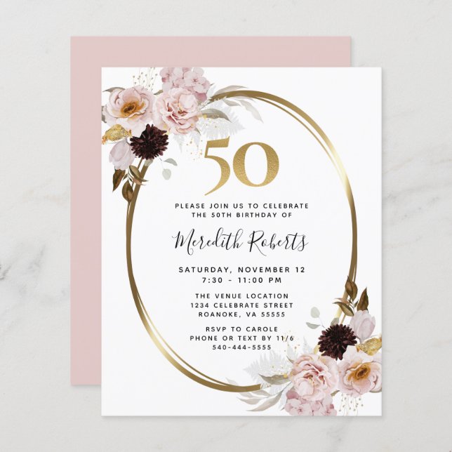 Budget 50th Birthday Roses and Gold Party Invite (Front/Back)