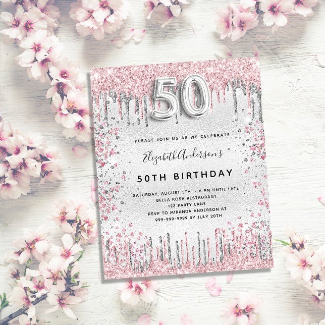 Budget 50th birthday silver pink invitation (Creator Uploaded)