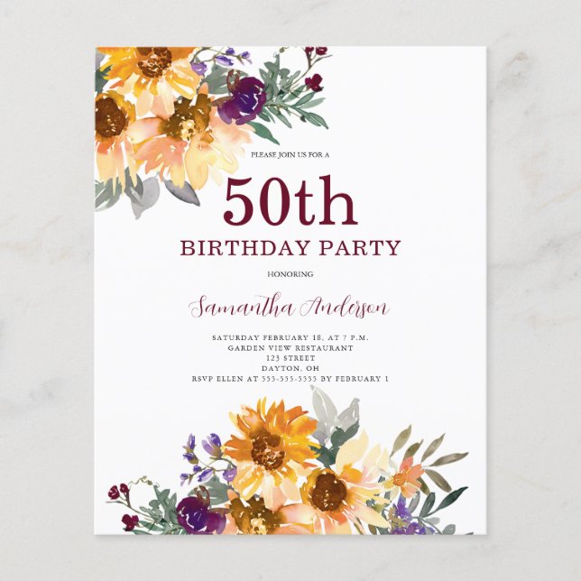 Budget 50th Birthday Sunflower Invitation Flyer (Front)