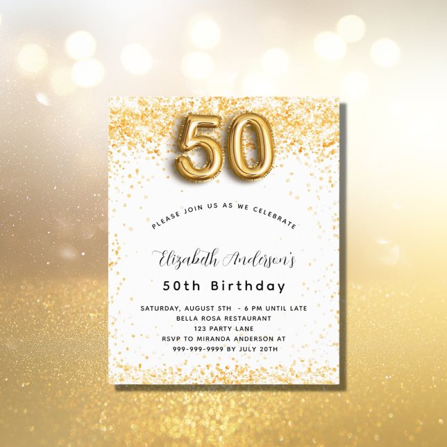 Budget 50th birthday white gold glitter invitation (Creator Uploaded)