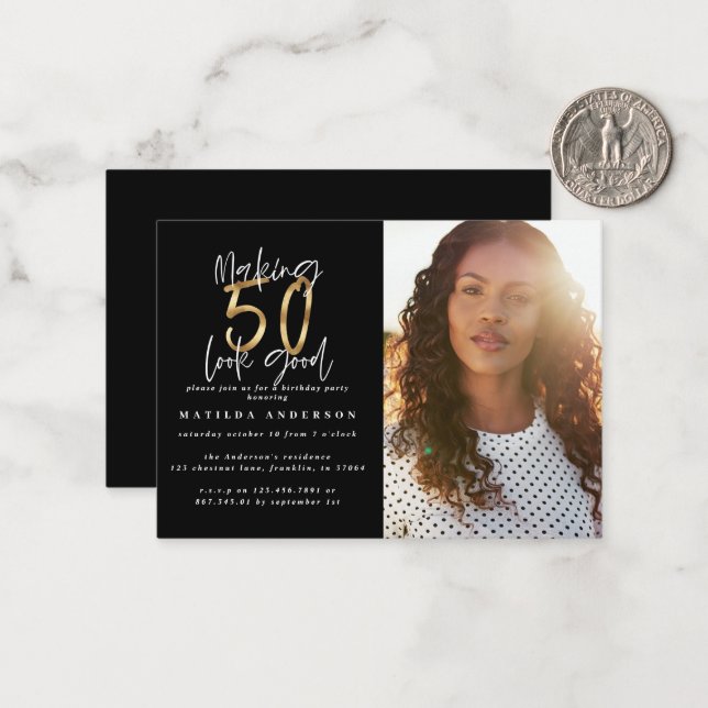 budget 50th look good photo birthday invitation (Front/Back In Situ)