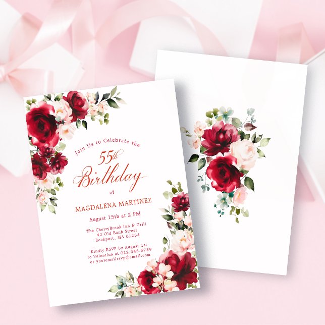 BUDGET 55th Birthday Red Pink Rose Invitation (Creator Uploaded)