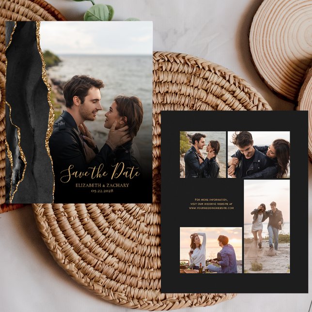 Budget 5-Photo Black Gold Agate Save the Date Card (Creator Uploaded)
