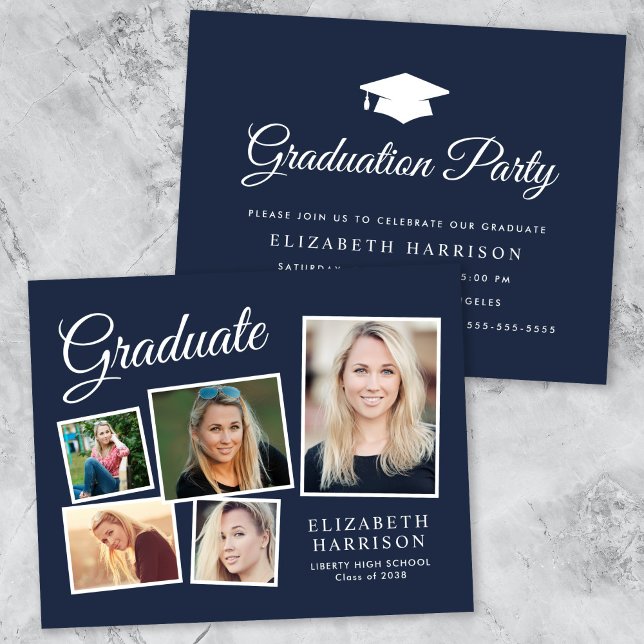Budget 5 Photo Blue Graduation Party Invitation (A personalized photo graduation party invitation to celebrate the graduate's achievements)