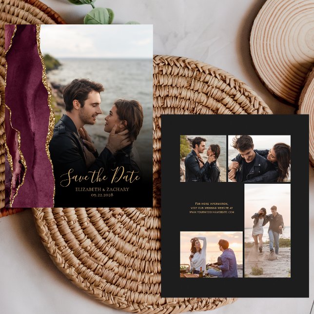 Budget 5-Photo Burgundy Gold Agate Save the Date (Creator Uploaded)